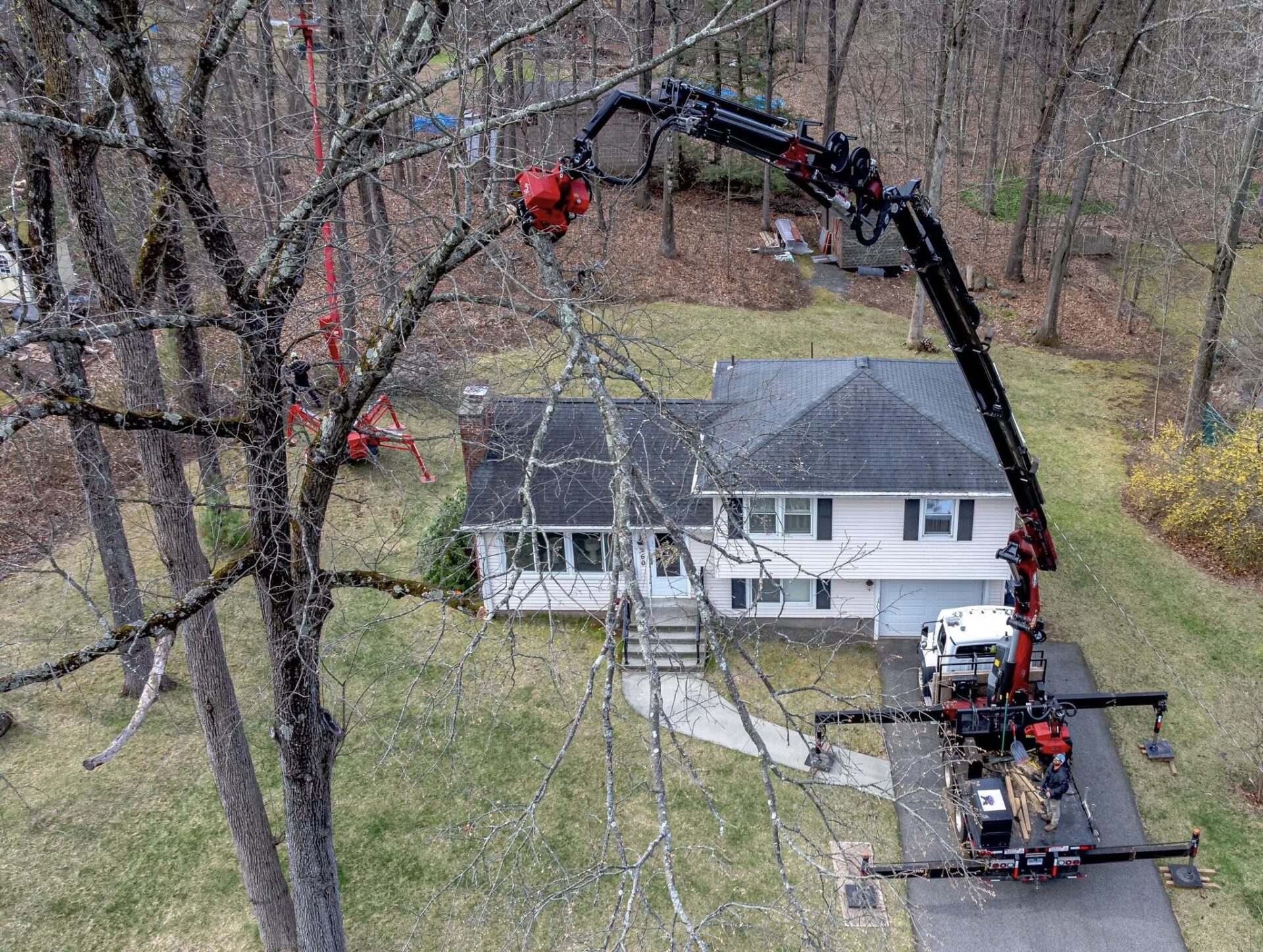 Aerial view of USA Tree Experts using a crane and spider lift to perform tree trimming at a residential home in connecticut